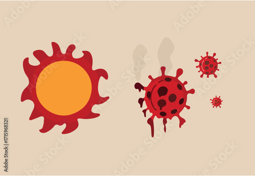 Summer sun light kill and reduce infection rate of Coronavirus COVID-19 outbreak crisis concept, Red heat hot sun shinning and burn to melt COVID-19 Coronavirus pathogen