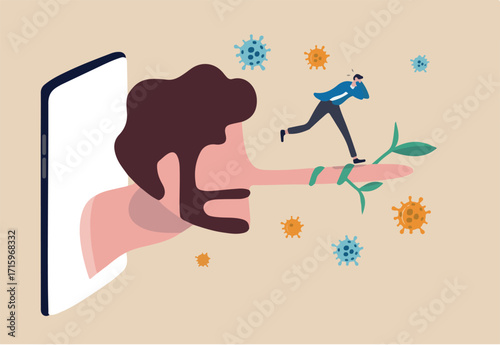 Fake news or misleading information of Coronavirus COVID-19 that people share on social media and internet, man panic running away on long nose liar talking people from social media app mobile phone.