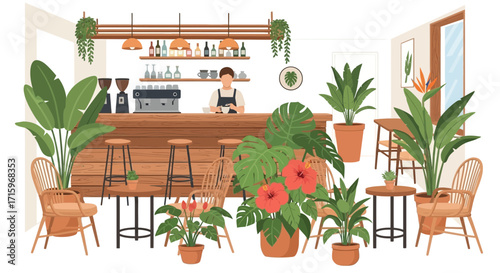 Cozy cafe interior with lush tropical plants and a welcoming atmosphere