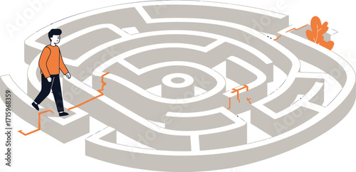 Man Navigating a Complex Labyrinth Towards Success