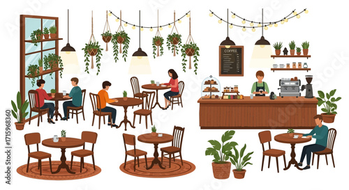 Cozy cafe interior with customers enjoying coffee and a relaxed atmosphere