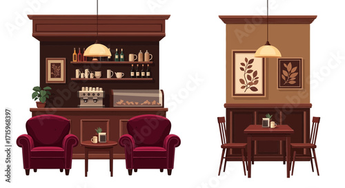 Cozy cafe interior with vintage furnishing and warm lighting ambiance