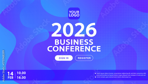 Business conference banner template for a 2026 event. Modern website landing page design with an abstract blue and purple fluid background. For corporate seminars, tech summits, or virtual events.
