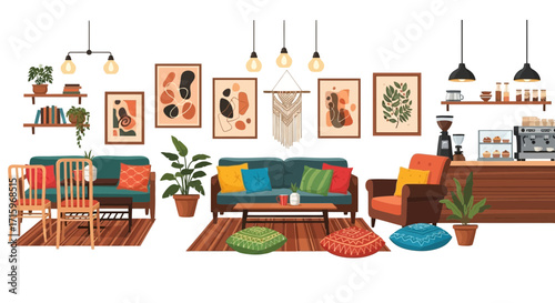 Cozy cafe with bohemian accents and modern abstract art prints decor