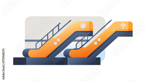 Illustration of two escalators with orange steps and dark blue frames in a modern design style