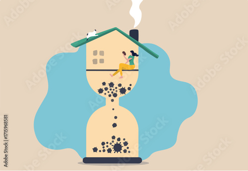 Coronavirus outbreak stay at home time count down, people stay home wait until vaccine discover or all virus gone concept, young woman stay at home on sandglass time count down with virus pathogen.