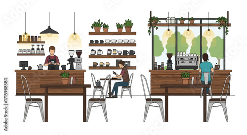 Cozy coffee shop atmosphere with barista, customers, and stylish interior