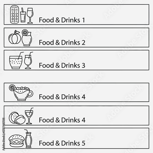 Collection of Various Food and Drinks Illustrations of Beverages, Cocktails, and Food Items