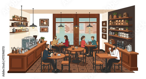 Cozy coffee shop illustration, people enjoying conversations and beverages