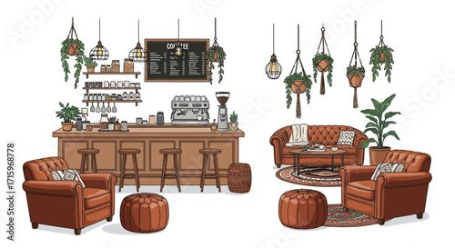 Cozy Coffee Shop Interior Design with Comfortable Seating and Green Plants
