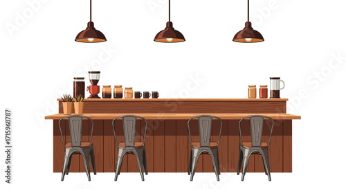 Cozy coffee shop interior illustration with bar and pendant lights