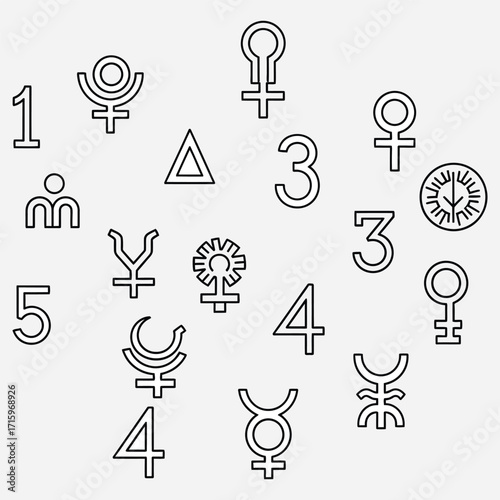 Astrology icon set featuring esoteric glyphs of planets and asteroids for spiritual designs