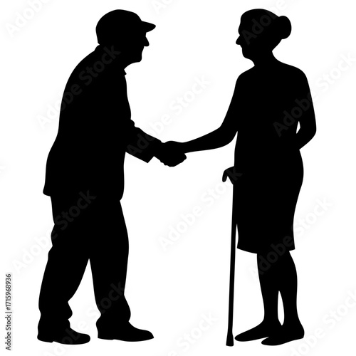 Elderly Couple Shaking Hands Silhouette Vector Illustration Minimal Black and White Senior Connection Design
