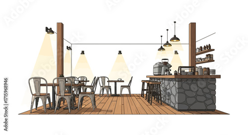Cozy coffee shop interior illustration with warm lighting and wooden textures