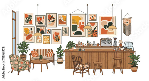 Cozy coffee shop interior with artistic bohemian decor and warm ambiance