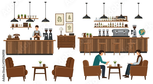 Cozy Coffee Shop Interior with Barista, Patrons, and Rustic Charm Ambiance