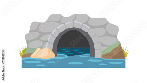 Illustration of a stone tunnel with water flowing through it and vegetation on the sides