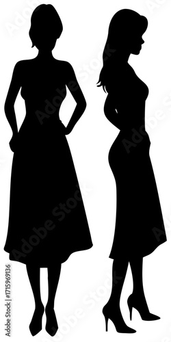 Elegant Women Silhouettes in Dresses Vector Illustration Minimal Black and White Fashion Design
