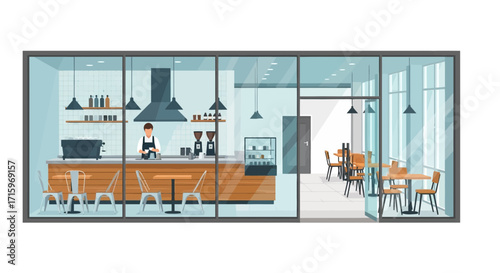 Cozy coffee shop interior with barista preparing espresso drinks for guests