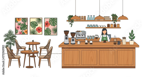 Cozy coffee shop interior with barista, tables, and tropical themed artwork
