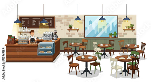 Cozy coffee shop interior with barista, tables and cityscape view