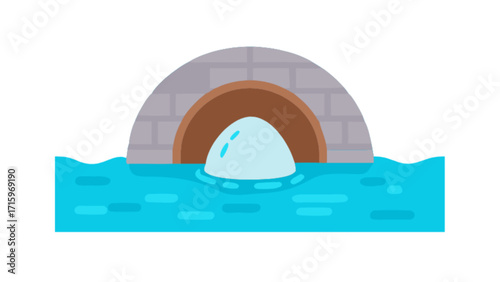 A cartoon illustration of a water source with a dome shaped object in front of a tunnel entrance