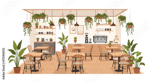 Cozy Coffee Shop Interior with Greenery and Wooden Furniture, Warm Atmosphere