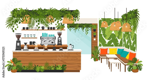Cozy coffee shop interior with lush greenery and rustic decor elements