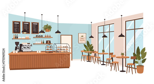 Cozy coffee shop interior with minimalist design and natural light