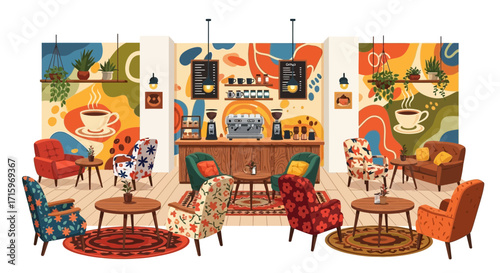 Cozy Coffee Shop Interior with Retro Armchairs and Modern Art Murals