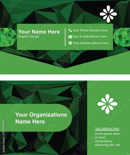 Accurately displays a green geometric business card design features a green color palette with geometric patterns in the background, typical It includes for information organization name.
