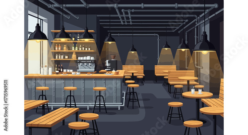 Cozy coffee shop or bar interior illustration with warm lighting