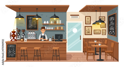 Cozy coffee shop interior, showcasing barista and vintage design elements