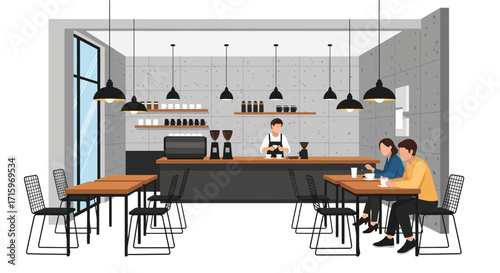 Cozy Coffee Shop Scene with Barista and Customers in Modern Setting