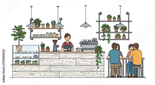 Cozy coffee shop scene with barista and customers enjoying beverages