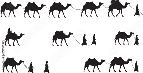 Silhouette caravan of camels walking in desert, travelers riding camels, camel caravan journey, traditional transport, desert travel, adventure tourism, nomadic lifestyle
