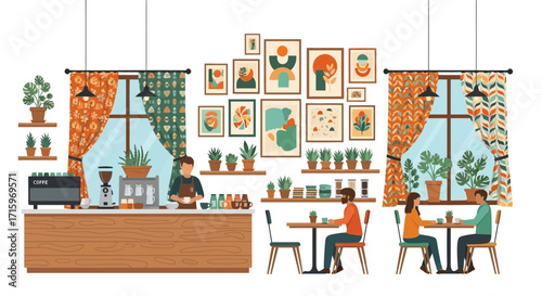 Cozy coffee shop scene with barista, customers, and vibrant decor elements
