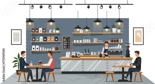 Cozy coffee shop scene with customers enjoying their beverages and relaxed atmosphere