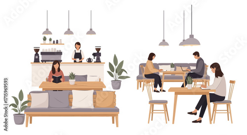 Cozy coffee shop scene with patrons reading and working at tables
