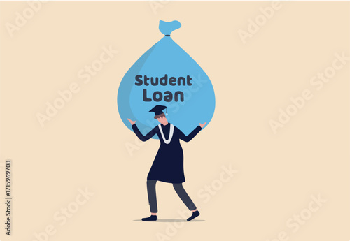 Student loan, saving for school, university or college study cost concept, graduated student wearing graduation ceremony suit holding heavy expensive student loan money bag.