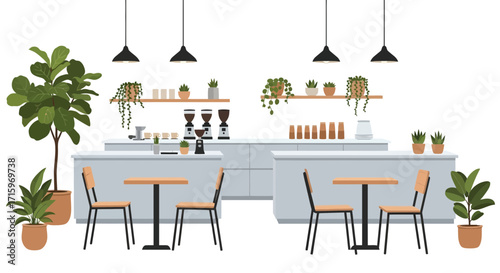 Cozy Interior of a Modern Cafe with Plants and Minimalist Design