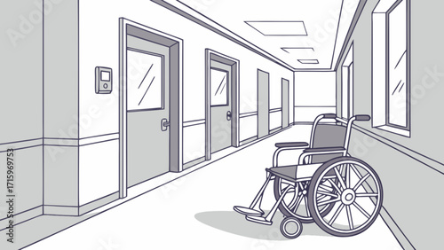 Illustration of a wheelchair in a hospital hallway with doors and a window in a grayscale color scheme