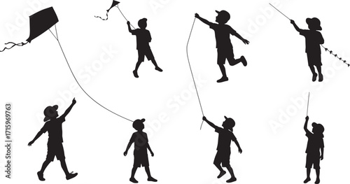 Silhouette children flying kites, outdoor activity, childhood fun, summer play, freedom joy, kids recreation, sky festival, traditional game, happy lifestyle