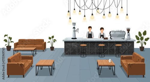 Cozy Interior of a Modern Coffee Shop with Lounging and Barista Area