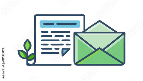 Illustration of a document with text and a green envelope next to a small plant with leaves