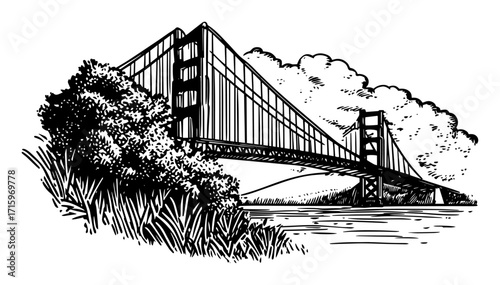 famous suspension bridge over river drawing