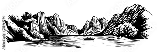 mountain river valley with canoe sketch