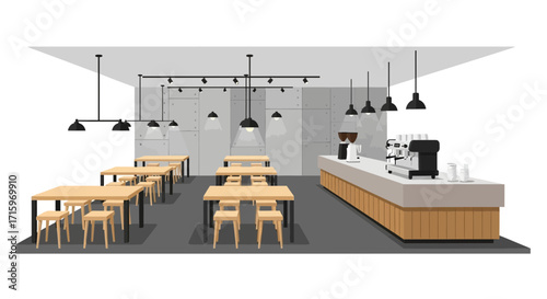 Cozy minimalist coffee shop interior with counter and seating area