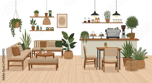 Cozy Living Room and Coffee Bar Area with Indoor Plants and Furnishings