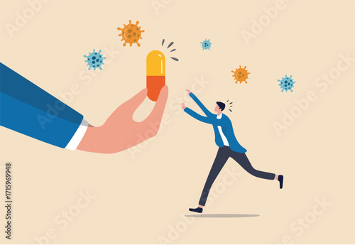 Expensive medical bill or expense for COVID-19 Coronavirus treatment concept, hand holding COVID-19 pill or tablet high and normal people running try to reach for the treatment with virus pathogen.